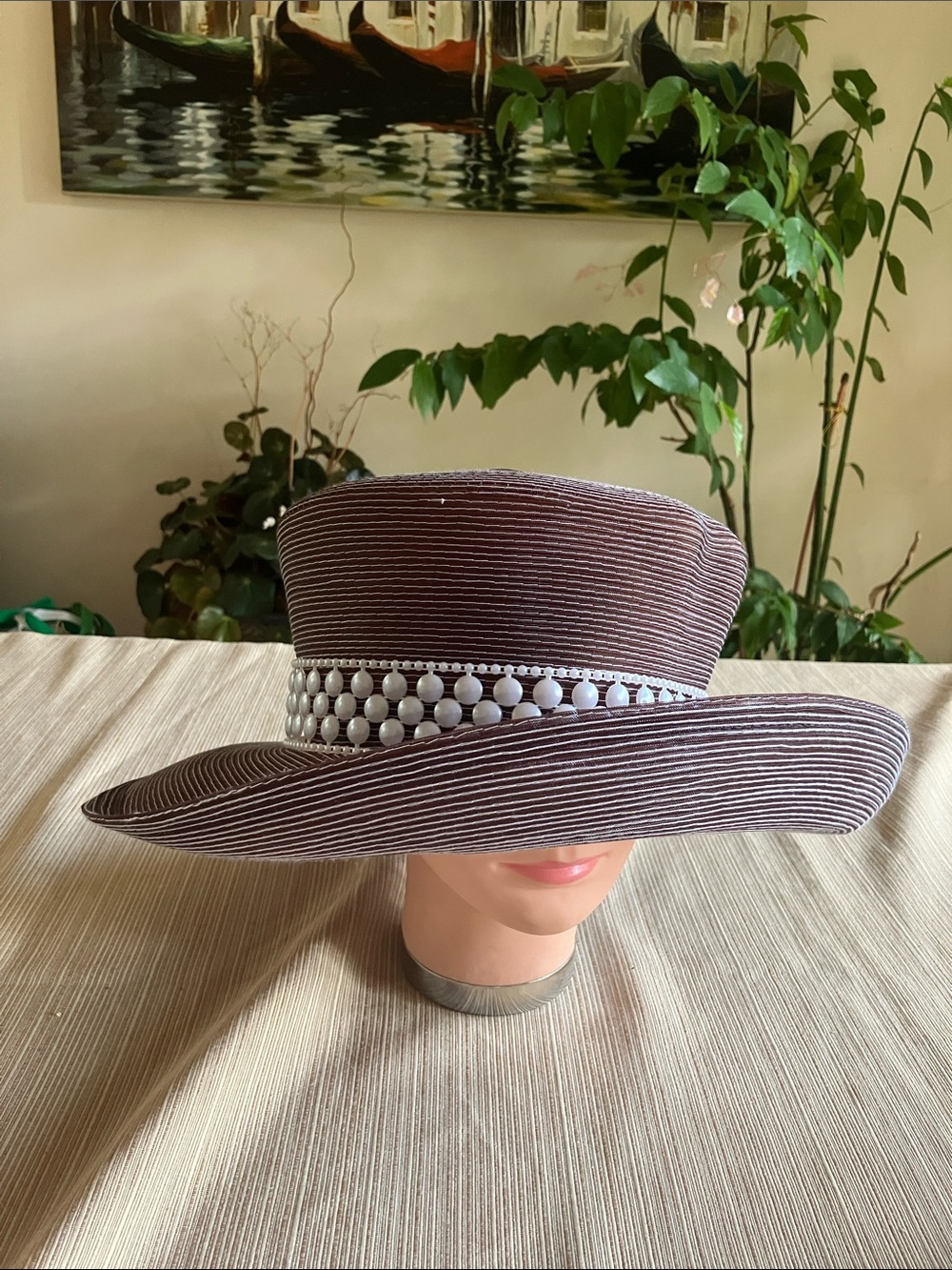 Chic Brown Wide Brim Hat with White Pearl Beaded Band